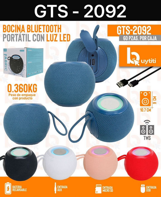 BOCINA BLUETOOTH PORTATIL CON LUZ LED GTS-2092