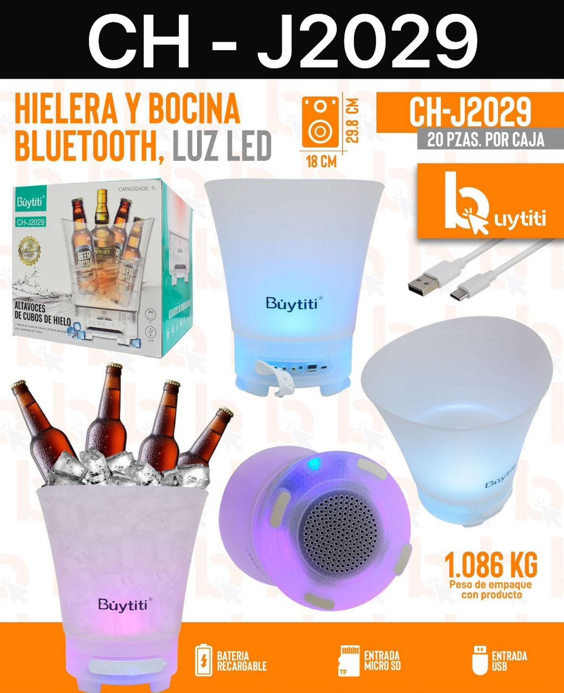 HIELERA Y BOCINA BLUETOOTH LUZ LED CH-J2029